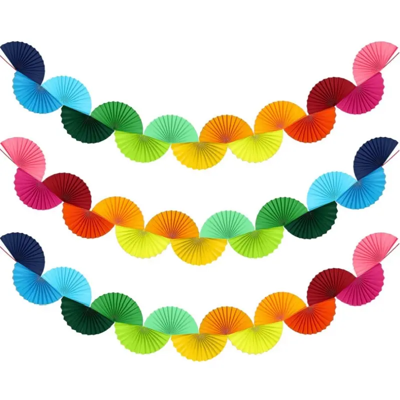 3-Pack Rainbow Hues Paper Fan Garland, 1.6m Colorful Hanging Decor, Easy-To-Hang Textile Accessory for Baby Shower, Birthday, Outdoor Events, Party Decor