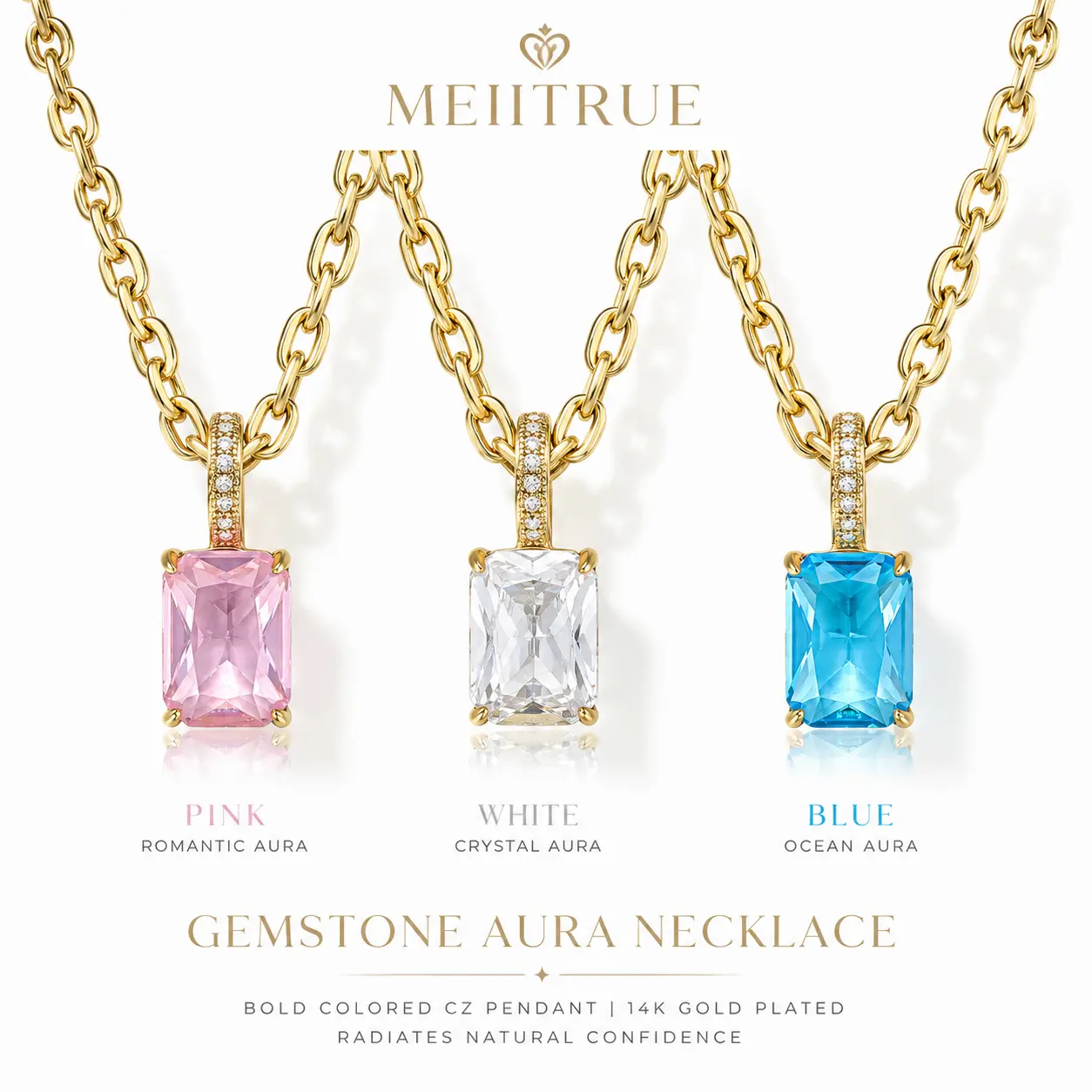 MEIITRUE Gemstone Aura Necklace, Bold Colored CZ Pendant 14K Gold Plated Chunky Chain for Women, Radiates Natural Confidence,  No Tarnish | Homecoming & Birthday Gift Jewelry for Her