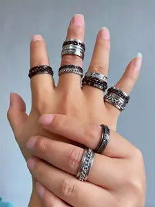 Punk Gothic Ring Set 10 Pieces, Silver Color Stackable Rings, Minimalist Industrial Aesthetic Jewelry for Men and Women