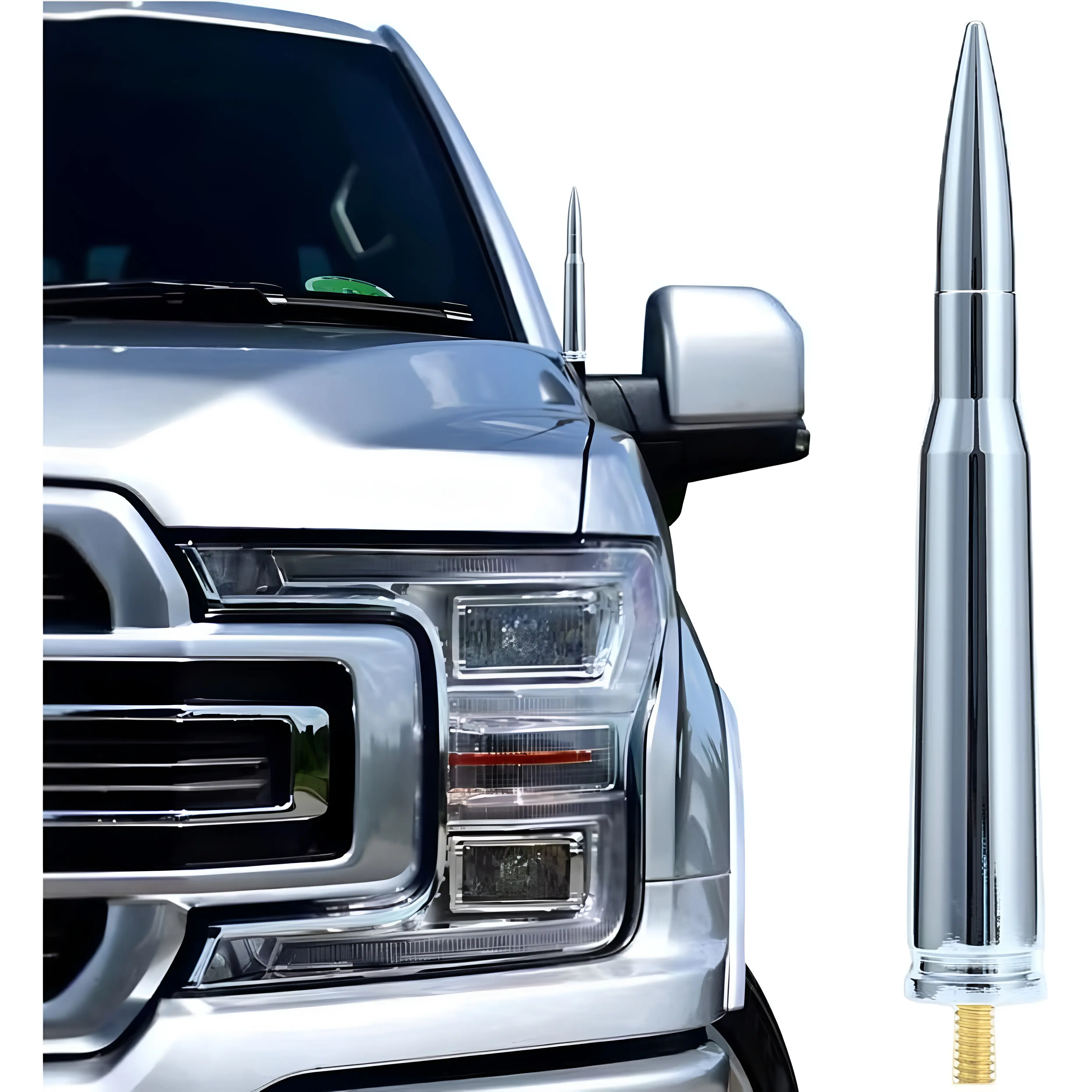 Chrome Bullet Antenna for Ford F150, RAM1500, Silverado, GMC Sierra Trucks - Chrome-Plated High-Strength Aluminum Alloy, Long-Lasting Finish, Tool-Free Installation, Optimized Radio Signal Reception Performance, Easy Install