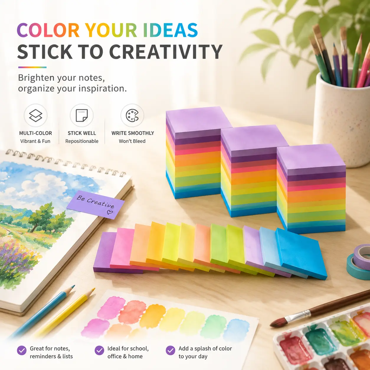[Free Gift With Purchase] 12 Pads Colorful Sticky Notes, 3x3 Inch Square Self-Stick Pads (600 Sheets) for Office, School & Home Supplies