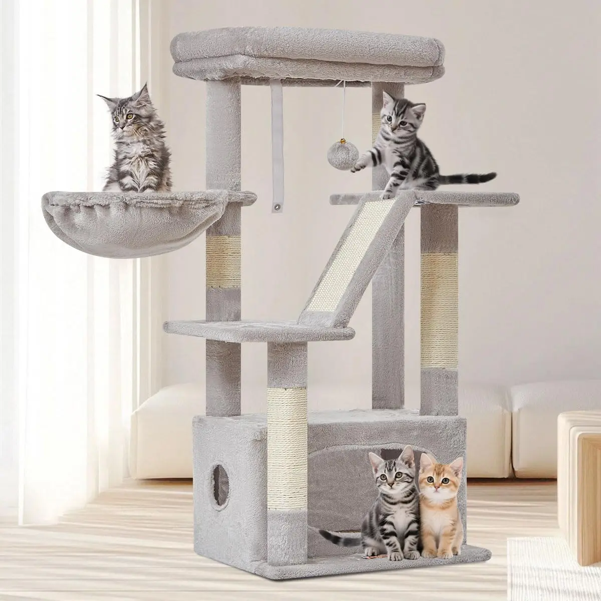 38.2-Inch Cat Tree Cat Tower for Indoor Cats, Suitable for Kittens With Luxurious Cat Condo, Adjustable Baskets and Luxurious Perch, Light Gray MS029SW