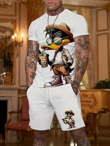 Men's Cartoon Duck Graphic Print Casual Short Sleeve Set, Summer Fashion Tee and Shorts Two-Piece, Trendy and Comfortable