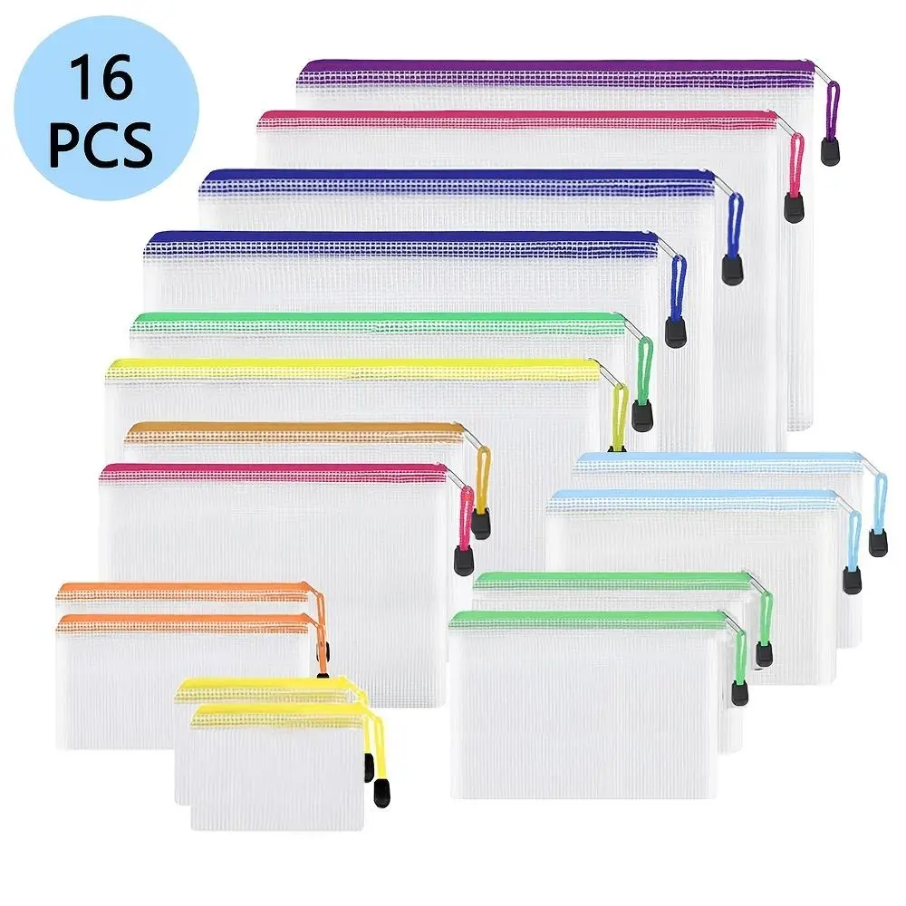 Transparent Mesh Zipper File Bag, 16pcs/set Waterproof Mesh Zipper File Bag, Multi-size File Bag, Pouch Organizer, Office Supplies
