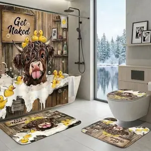 4Pcs Shower Curtain Set, Bathroom Curtains Shower Set, Highland Cow, Rubber Duck, Bathroom Set with Rugs, Christmas, Bathroom Decor, Brown Cow In Bathtub With Yellow Ducks And Wooden Wall