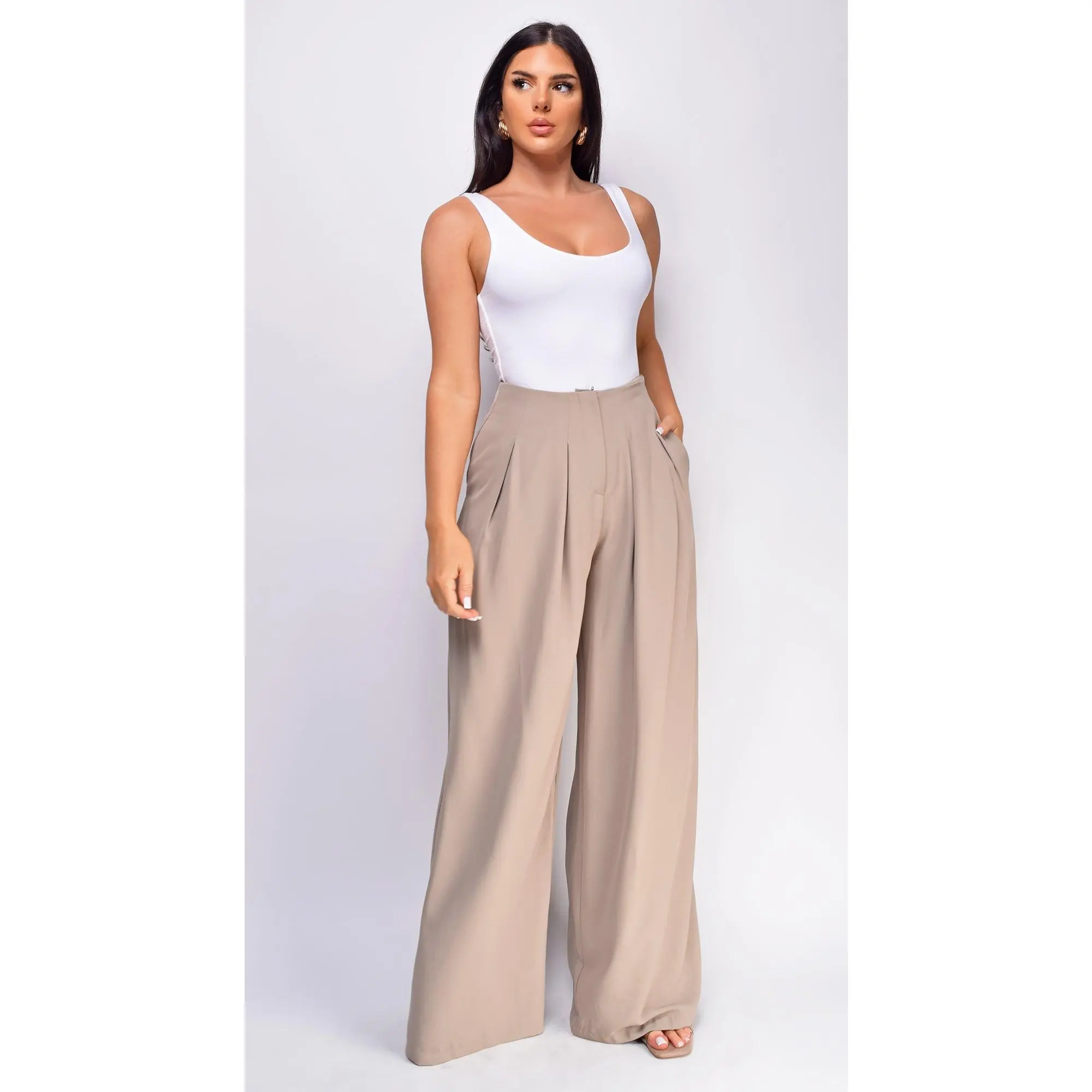 Suri Beige Wide Pleated Wide Leg Pants
