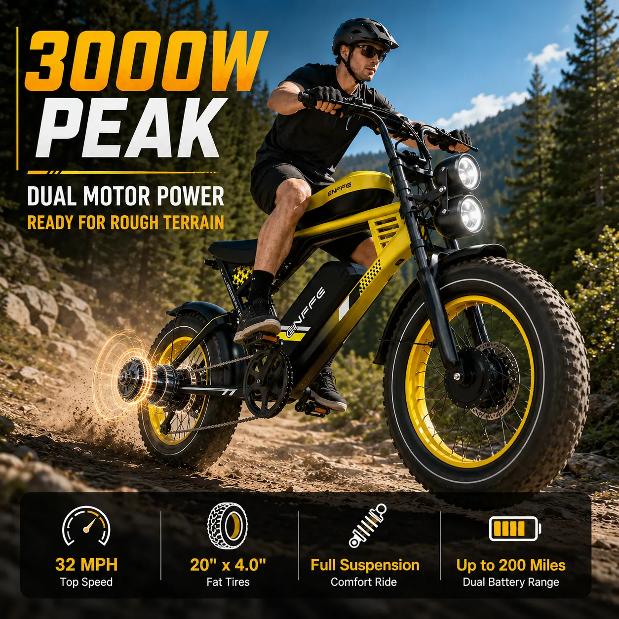 3000W Peak Dual Motor Electric Bike for Adults, 48V 46Ah Dual Battery, 32MPH, Up to 200 Mi Range, 20"x4.0 Fat Tire Ebike, Full Suspension, Hydraulic Brakes, 7-Speed, Color LCD, NFC Unlock, Long Range E-Bike