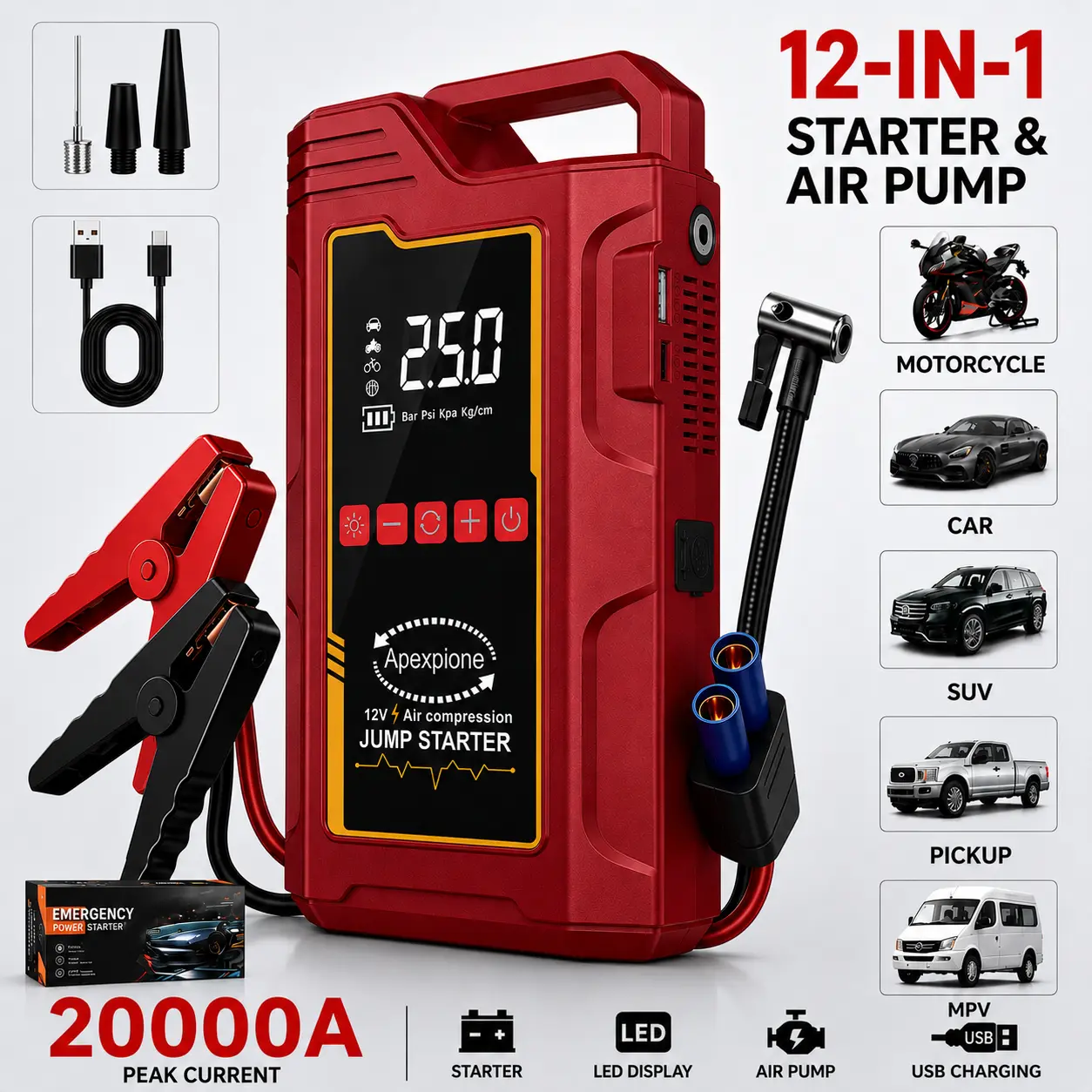 【APEXPIONE】15800mAh [ 5 in 1 Function ]Portable Car Jump Starter With Air Compressor (10.0L Gas, 9.0L Diesel) With 150 PSI Tire Inflator, 12V Car Battery Jump Power With LED Light F6 portable jumpstarter batterycharger Outdoorfun Emergency Lighting fat