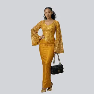 Women's Formal Zari Gold Long-Sleeve Bell-Flared Sequined Couture Gown with Flared Skirt