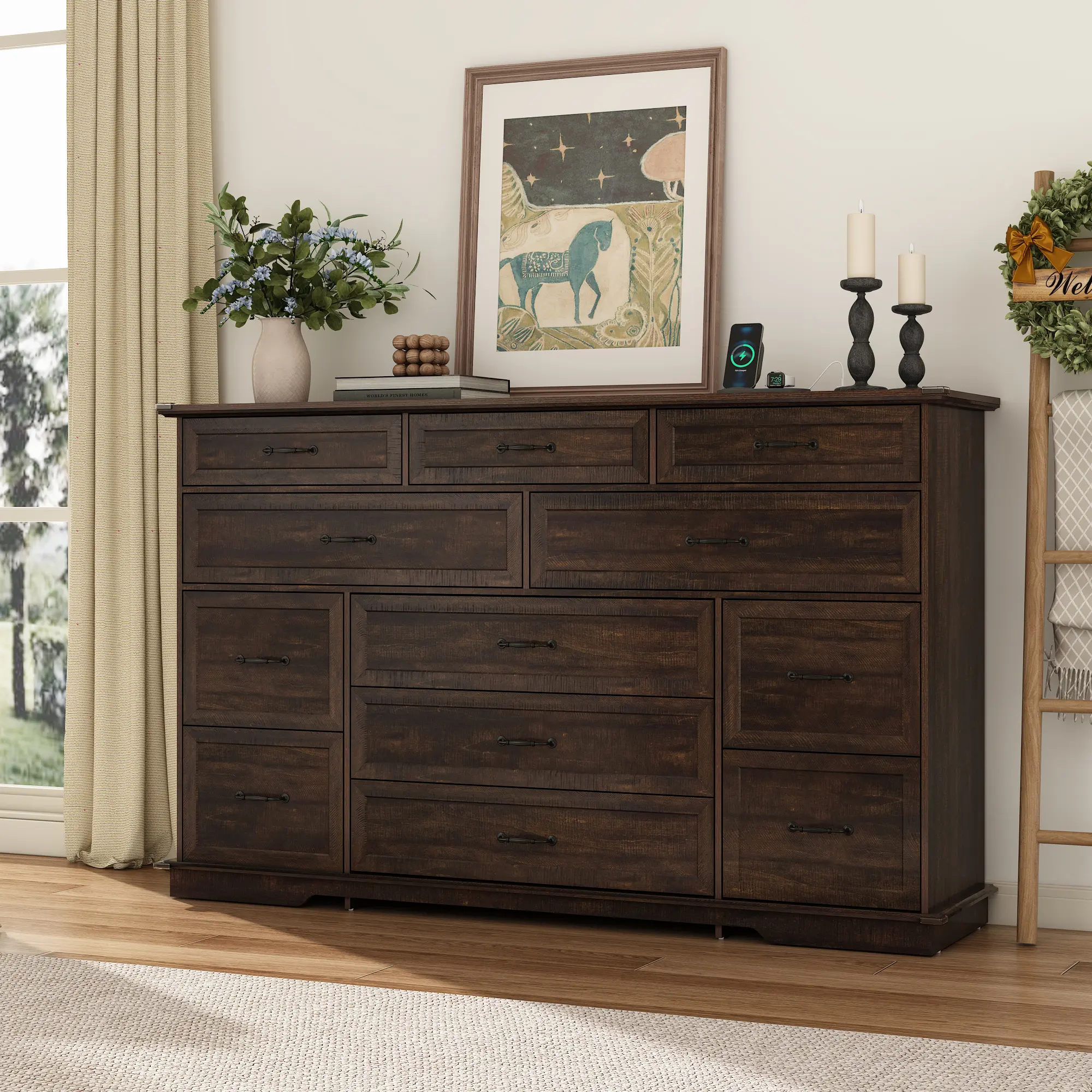 63" Indoor Farmhouse Wooden Storage Cabinet - 12-Drawer Tall Chest with Power Outlets, USB Ports, Distressed Knife-Cut Grain, Flexible Layout, Farmhouse TV Cabinet for Dining Room