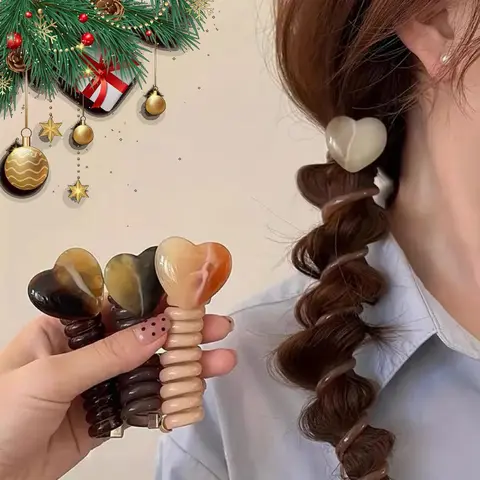 Heart Shaped Bubble Hair Ties, 4 Counts/set Hair Braiding Tool, Straight Telephone Cord Ponytail Holder, Hair Styling Tool for Women & Girls, Christmas Gift, Braid Hairstyles, Hair Bun Accessories, Cute Hair Accessories