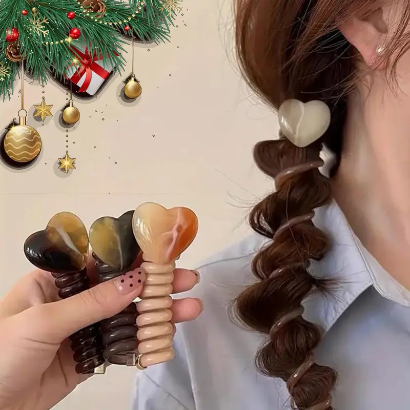 Heart Shaped Bubble Hair Ties, 4 Counts/set Hair Braiding Tool, Straight Telephone Cord Ponytail Holder, Hair Styling Tool for Women & Girls, Christmas Gift, Braid Hairstyles, Hair Bun Accessories, Cute Hair Accessories