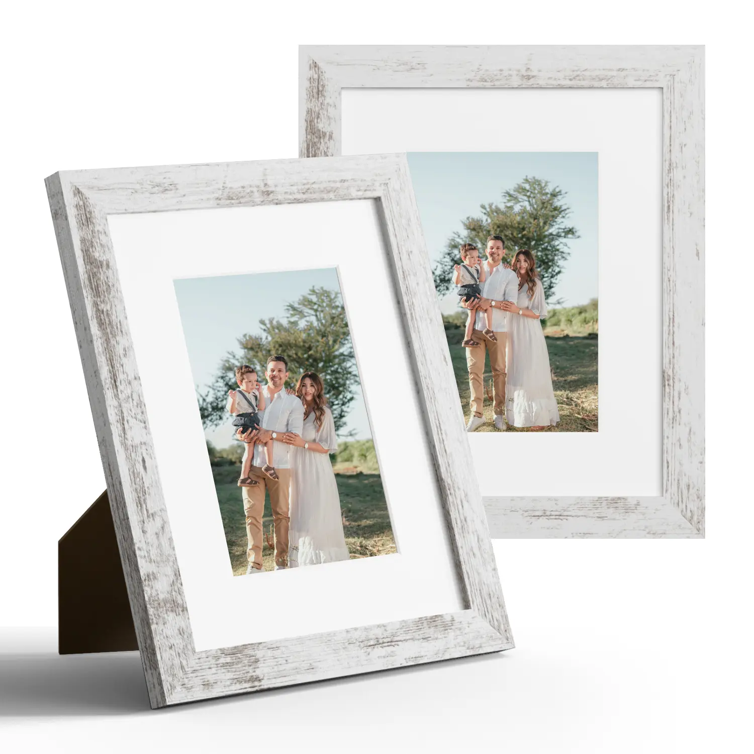 Distressed White MDF Classic Rectangular Art Frames (Set of 2) - Sturdy Frame Design, Real Glass, Mat-Free for Same-Size Outer Diameter Use, Multi-Size for 3.5x5/4x6/5x7/8x10/11x14 Displays, Ideal for Photo Walls, Home Decor, Display Photos, Family Gifts