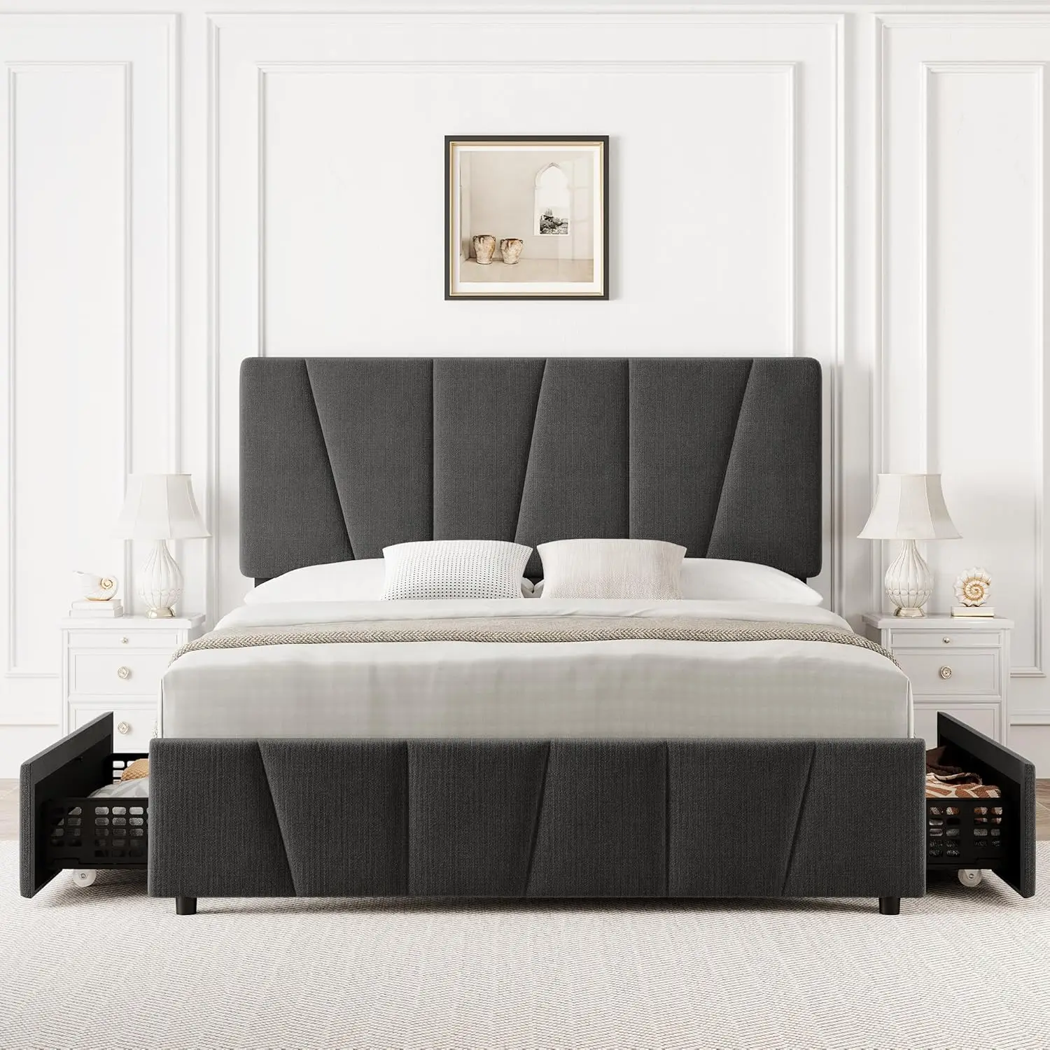 【Christmas Gift】Modern Sturdy Full Size Upholstered Bed Frame with Adjustable Headboard, 2 Storage Drawers, Wooden Slats Support, No Box Spring Needed, Dark Grey, Modern Bed Frame, Sturdy Platform Bed