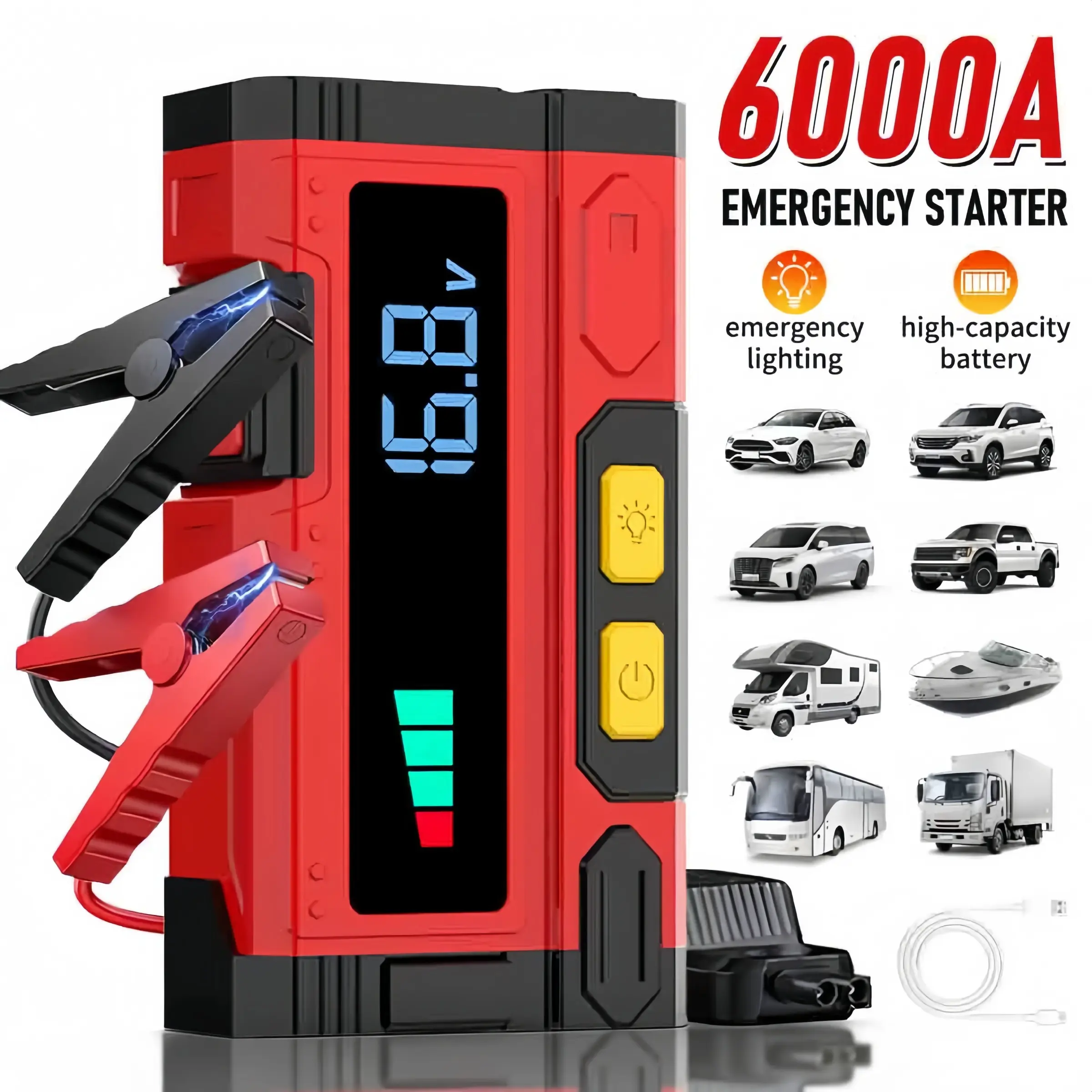Portable Car Jump Starter Battery Charger, Automotive Emergency Power Supply for Cell Phone, Car, Motorcycle, Yacht, Outdoor Activities
