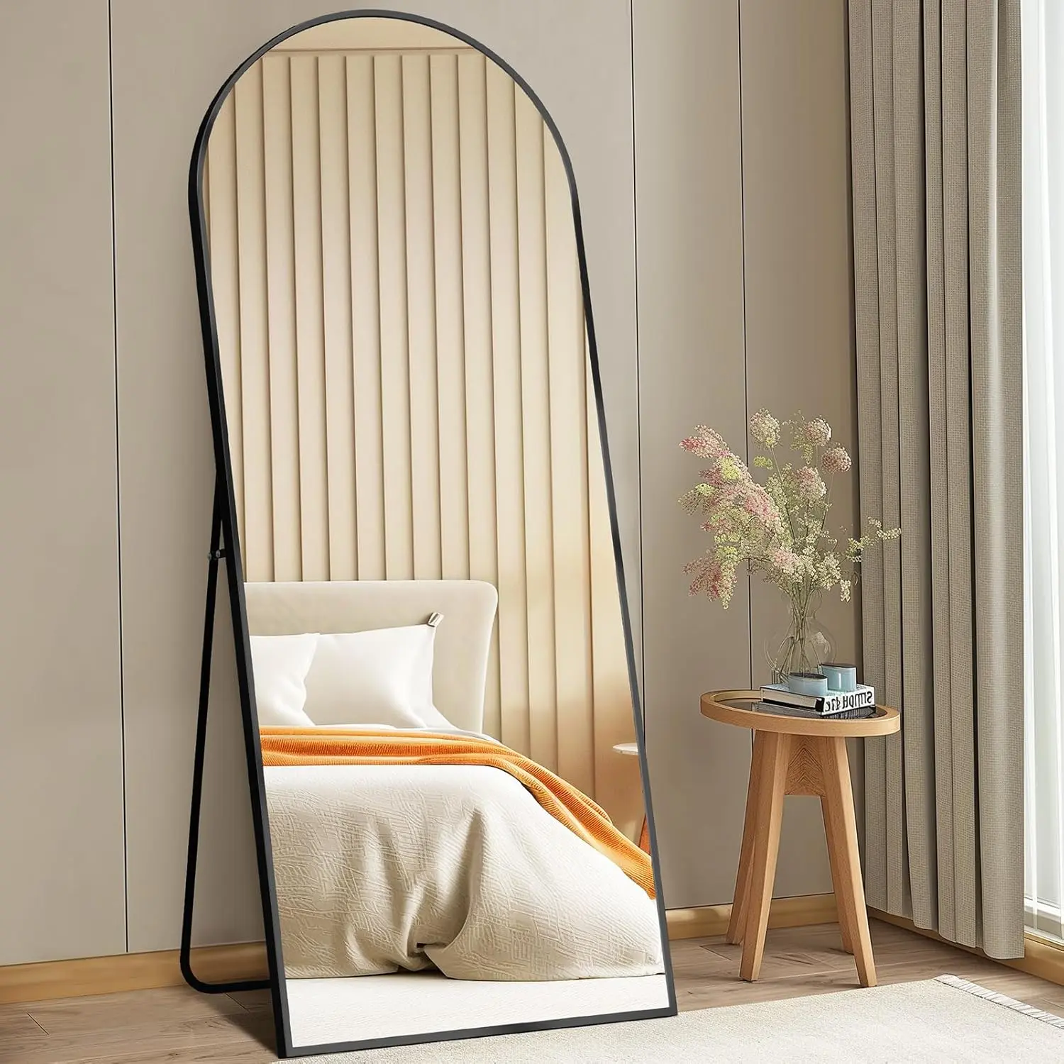Wall-Mounted Full-Length Glass Mirror - 55.5in-64in Slim Minimalist Brushed Metal Aluminum Frame, Black/Gold, Arched/Rectangle, Easy Installation, Crystal-Clear Distortion-Free Reflections, Corner Placement, Modern Home Decor, Aluminium