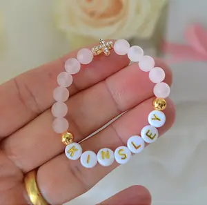 Personalized Pink Rose Quartz Cross Bracelet for Baby & Kids – Gold Plated Beads with Rhinestone Cross, Baptism & Baby Shower Gift