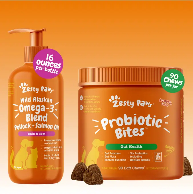 Zesty Paws Spring Vitality Gut & Skin Duo (16 oz Salmon Oil + 90ct Probiotic Bites)