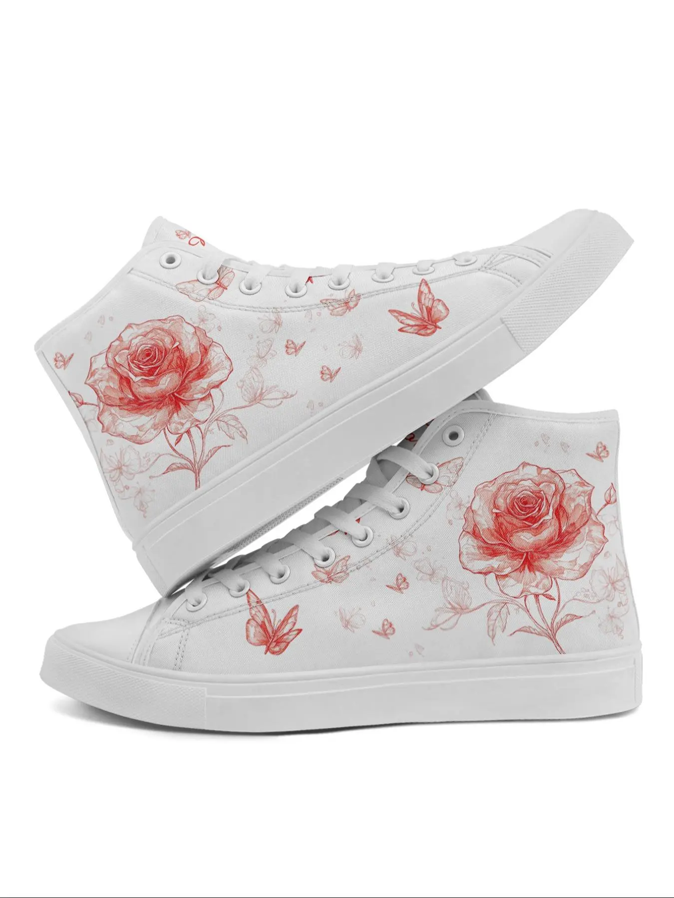 Women's Rose & Butterfly Print Lace Up Front Canvas Shoes, Casual Sneakers, Fashionable Casual Comfortable Sports Shoes for Daily Wear, Female All-match Round Toe Shoes for Daily Wear, Valentine's Day, Gift