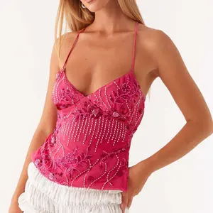 Womens Sequin Sparkle Halter Crop Tank Top with Pearl Embellishments, Y2K Style, Glitter Rhinestone Detail, Y2K Fashion Womenswear