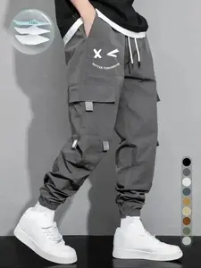 2026 Men's Cartoon Face & Letter Print Drawstring Waist Cargo Pants, Casual Regular Fit Utility Jogger Bottoms, Men's Trousers for All Seasons, Pants for Men, Mens Pants,  Pants for Men Menswear Grey