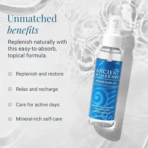 Ancient Minerals Magnesium Oil Spray (4 fl oz) - Stress Relief, Muscle Recovery, Pure Magnesium Chloride to Absorb - Convenient Body Care Cosmetic