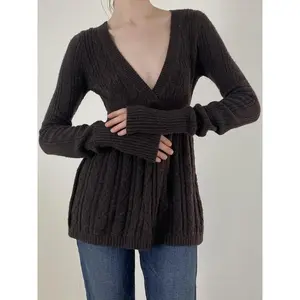 y2kSweatersTopsWomenSolidColorVNeckLongSleeveA-lineKnitPullovers