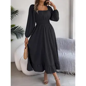 Women’s flat pleated-hem A-line dress, Summer 2024 clothing, elegant long dress with bishop sleeves and a square neckline, suitable for spring and autumn, women’s everyday vacation outdoor wear GARMENTARY