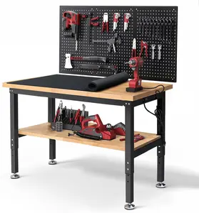 ENJOYWOOD 48 Inch Work Table for Garage Adjustable Height Rubber Wood Tabletop Workbench with Storage Work Bench Table with Power Outlets Pegboard Pad for Woodworking Shop Home Office