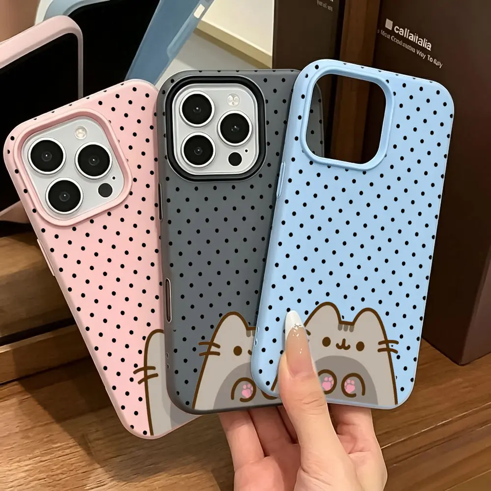 Kawaii Polka Dot Cat Phone Case for iPhone 12 13 14 15 16 17 Pro Max - Aesthetic Pink Kitty Paws Jelly 2-in-1 Soft Shockproof Bumper Casing with Protection, Mobile Phone Accessories