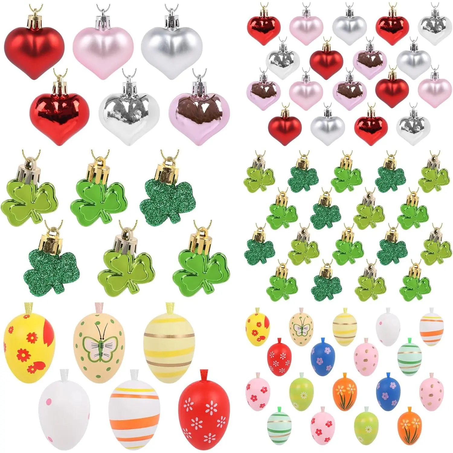 72pcs Lightweight Glossy Plastic Festive Decoration Set - 24pcs Shamrock Shaped with Hanging Rope, Heart-Shaped Tree Ornaments, Easter Egg Hangers, Mini Size, Vivid Colors for Door, Valentine’s Day, St. Patrick’s Day