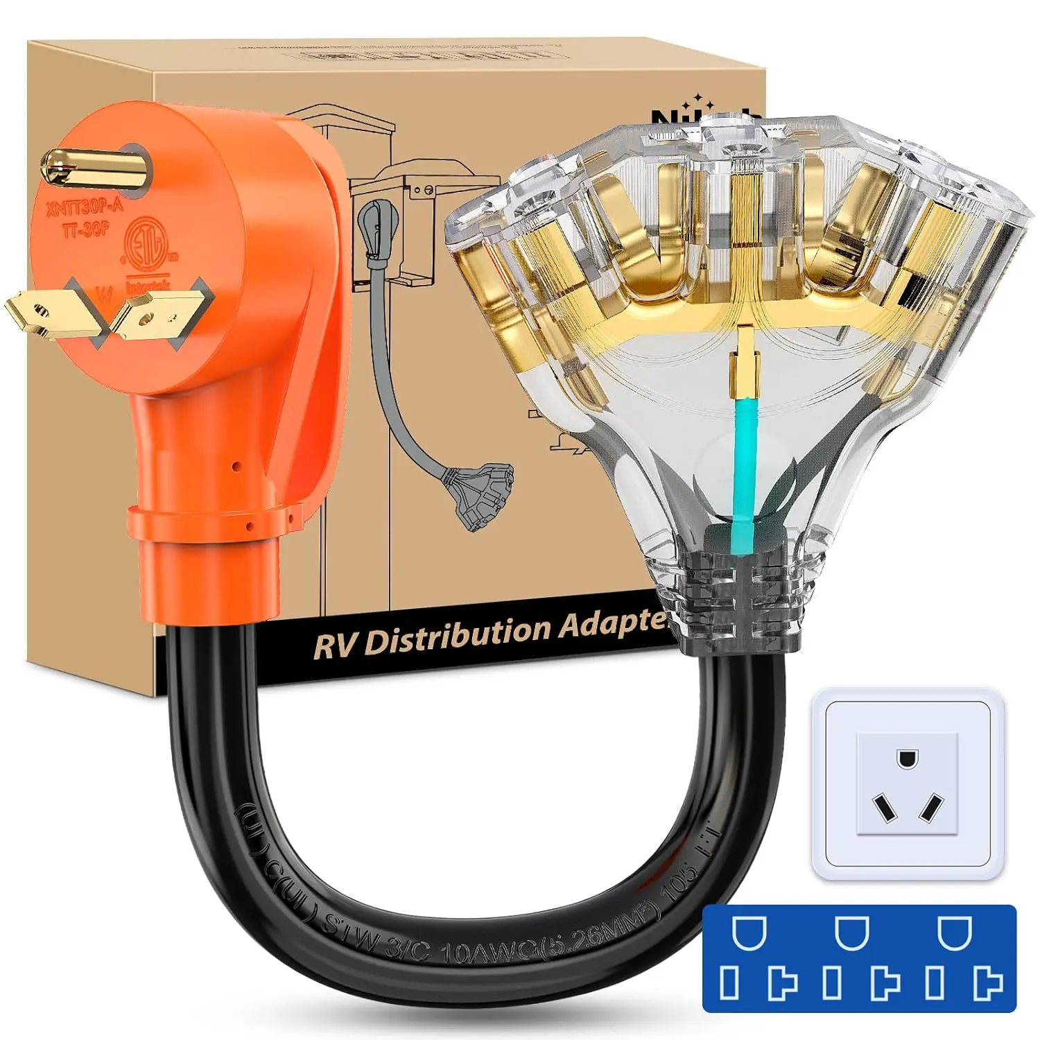 Nilight TT-30P-A NEMA TT-30P Male to 3x15A 5-15R/5-20R Females 30A to 110V RV Distribution Adapter Cord, ETL Listed, Outdoor Multi Plug Wall Outlet, High Power Universal Extension Sockets, Power Supply Accessory for RV Camper