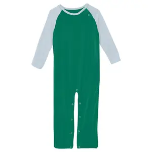 Long Sleeve Raglan Romper in Leaf with Illusion Blue