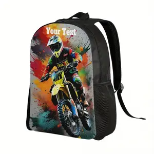 Custom Watercolour Motorbike Backpack with Text, Personality Your Name Logo Knapsack Adjustable Shoulder Straps Backpack for Men Women, Customize Casual Large Capacity Suitable for School, Outdoor, Office, Sports Climbing Unique Design Gift