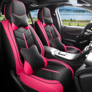 OTOEZ Highlight Pink Nappa Leather 5PCS Car Seat Covers with Headrests Lumbar Support Waterproof Universal Full Coverage Car Seat Decorative Interior