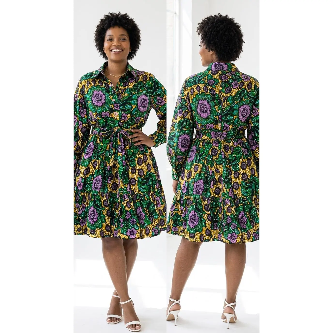African Print Flared Sleeve Shirt Dress, Purple,  Free Size ,  Fits S to XL, 2 pockets, scarf and a belt