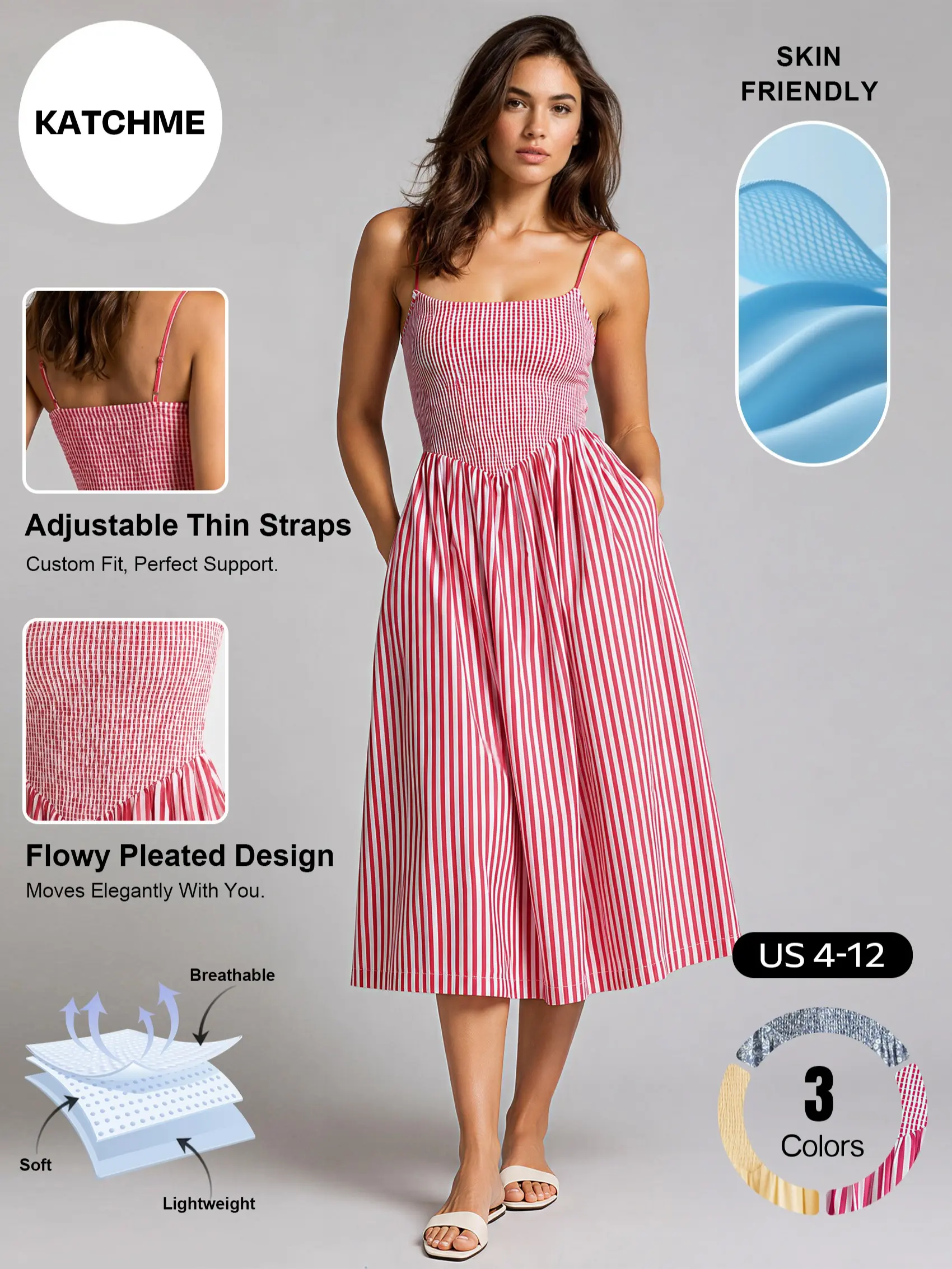Katch Me Chic Women's Vibrant Adjustable Thin Strap Ruched Flowy Midi Dress, Quick Dry Lightweight Side Pocket Summer Holiday Dress with Inner Liner, Sleek Skin-Friendly Going Out Outfit