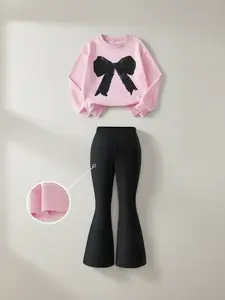 Teen Girls 2 Piece Bow Print Round Neck Sweatshirt & Bell Bottom Pants, Outdoor Sports Essential, Fall Winter Campus Wear, Fashion Style Sets, Fashion Clothes Set, Casual Outfit Set, Clothing Set