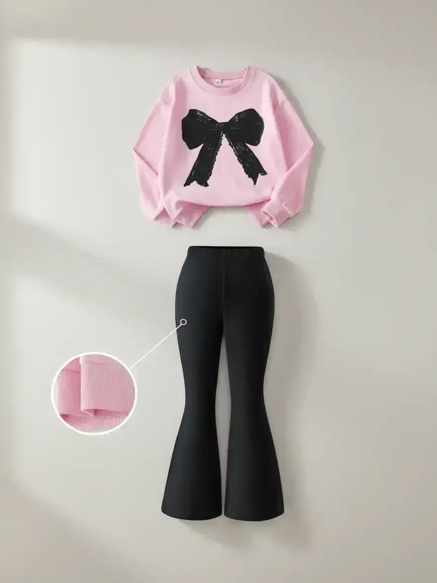 Teen Girls 2 Piece Bow Print Round Neck Sweatshirt & Bell Bottom Pants, Outdoor Sports Essential, Fall Winter Campus Wear, Fashion Style Sets, Fashion Clothes Set, Casual Outfit Set, Clothing Set
