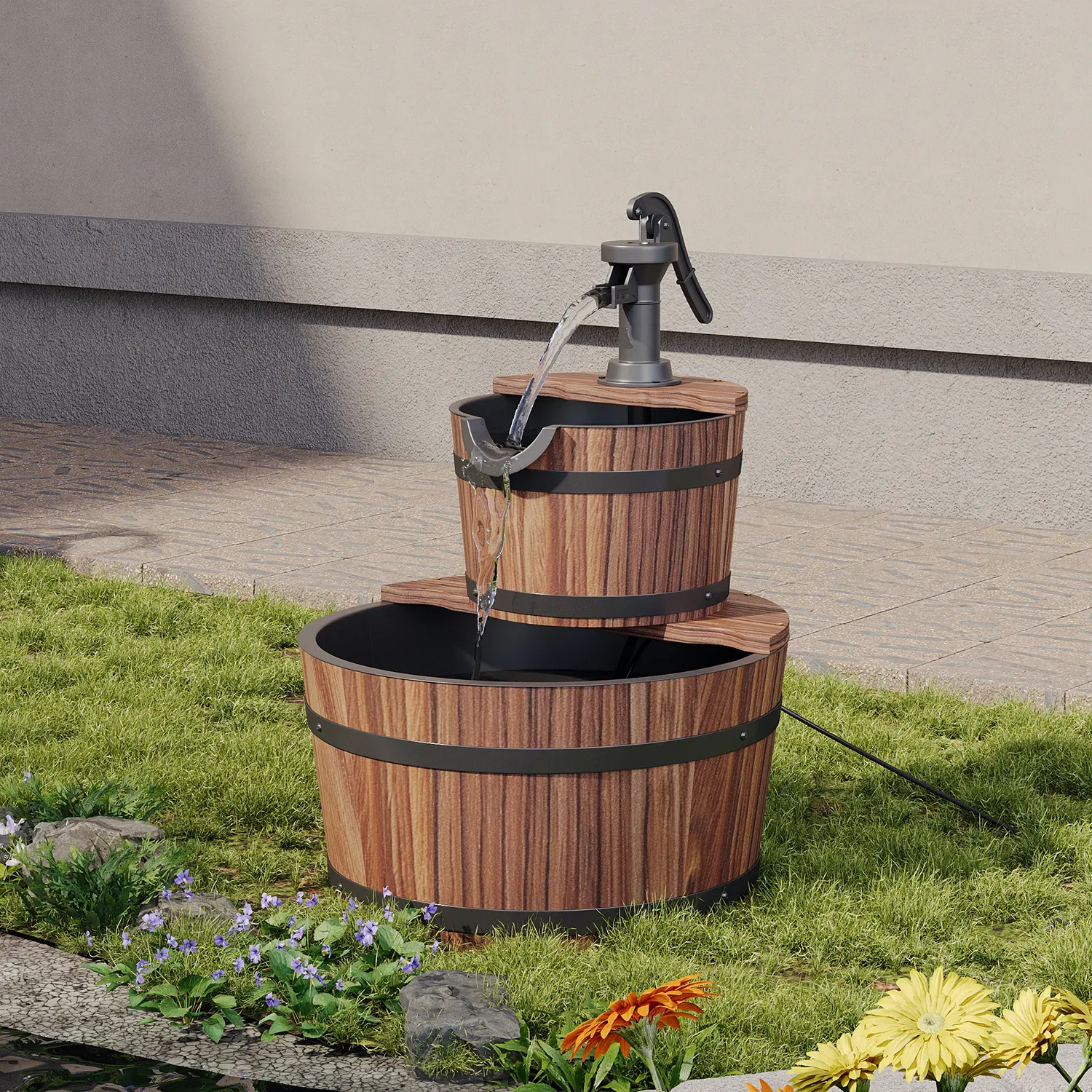 Aoxun  Outdoor Water Fountain, Wood Barrel Design with Electric Hand Pump, Floor Standing Cascading Soothing Waterfall for Garden, Backyard, Patio, Porch（2 tier/3 tier） Astronaut Nebula Star holiday plants
