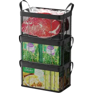 Freezer Organizer Bins, 3 Pack 14.7" Large Stackable Deep Freezer Organizer Bins for 5 to 7 Cu.Ft Chest Freezer, Sturdy & Stainless for Meat & Vegetables, Easy Access, Black