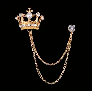 Elegant gold crown brooch, inlaid with rhinestones and chain--a prestigious suit pin for men's weddings, parties, and formal occasions