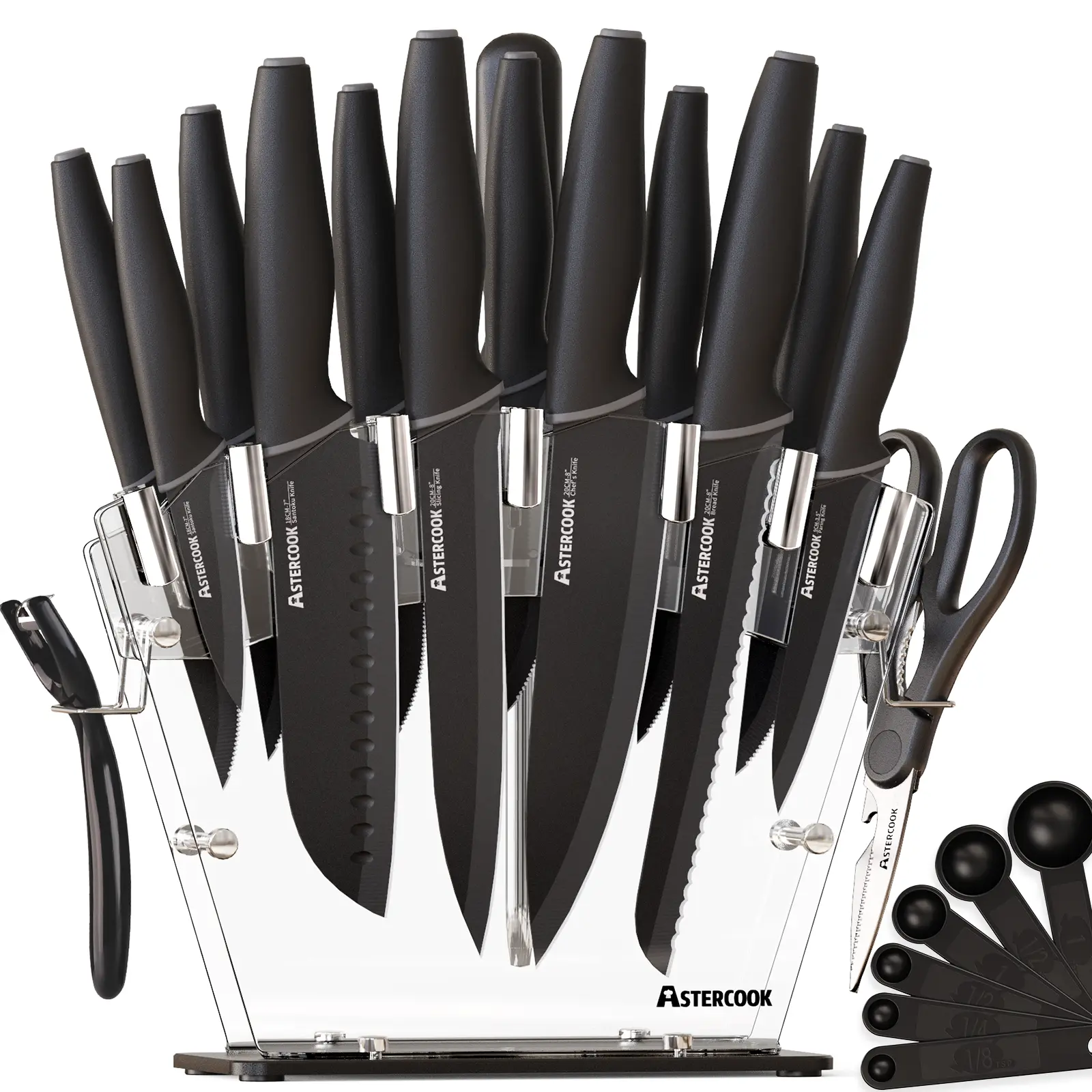 Astercook Kitchen Knife Set with Block, 17 PCS High Carbon Stainless Steel Sharp Serrated Steak Knives Set, Chef Knives, Bread Knife, knives  set