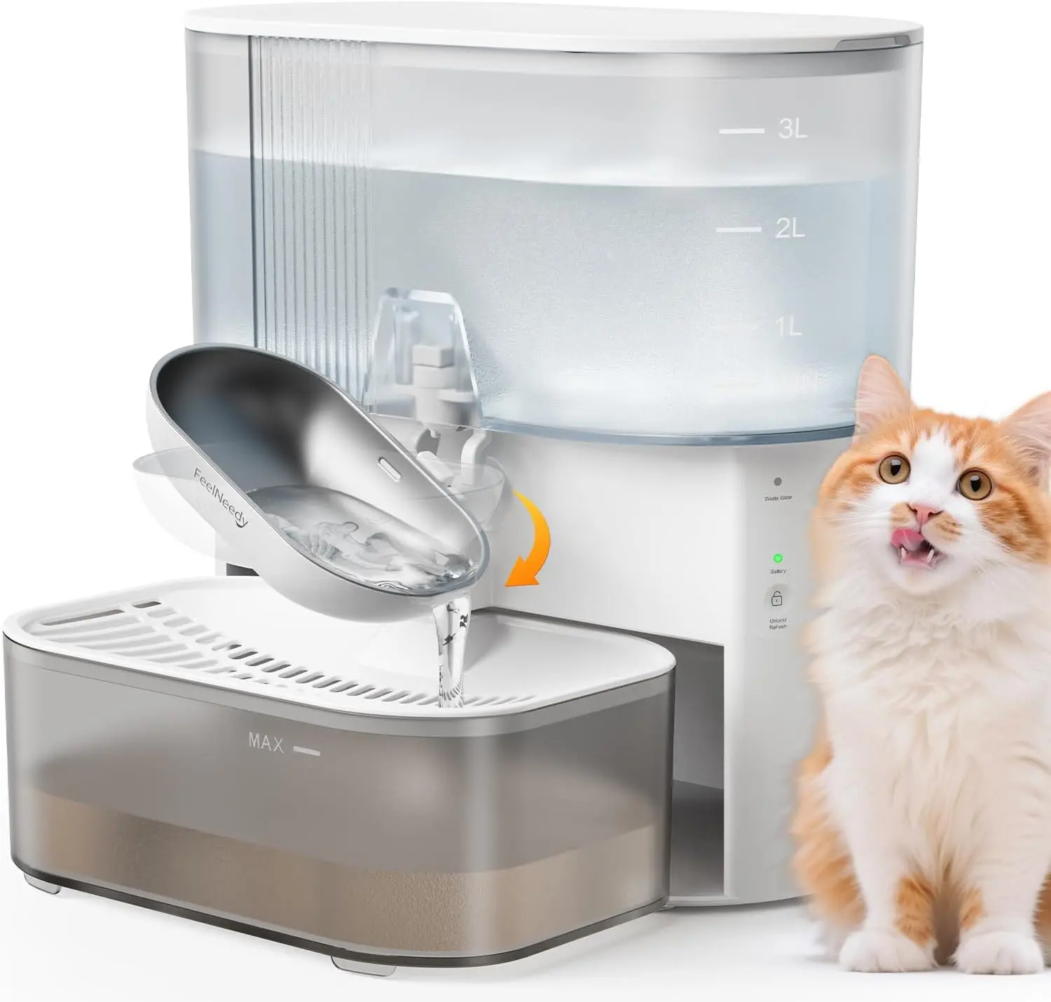 FEELNEEDY Wireless 3.5L Pet Water Fountain - Stainless Steel Bowl, No Filters, Waste Separation, White Dispenser for Cats & Dogs