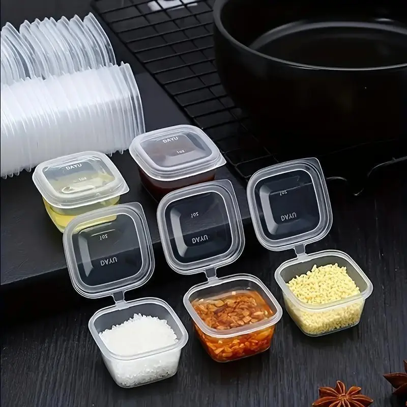 Multi-Use Leakproof Sauce Cups with Hinged Lids – Clear, Square, Disposable Containers for Food and Craft Storage