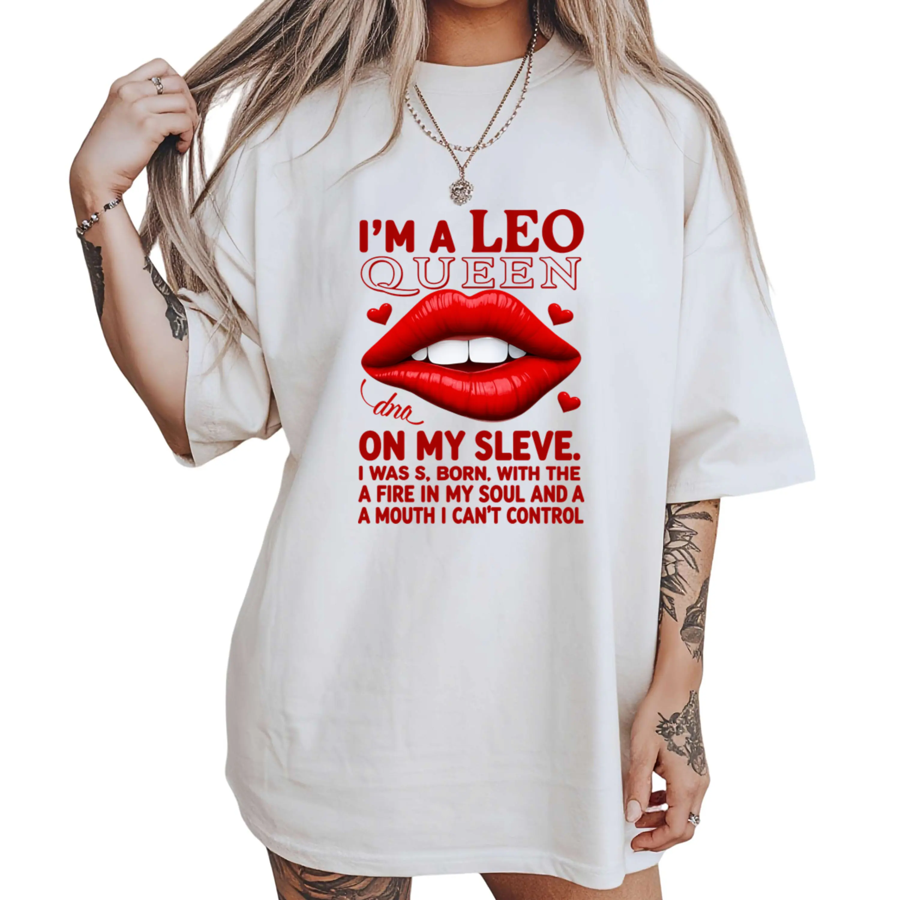 Women's Unisex Leo Queen Graphic Cotton T-Shirt - Breathable Fabric, Zodiac Leo Lips Quote Print, Short Sleeves, Casual Top for Astrology Lovers, Daily Wear