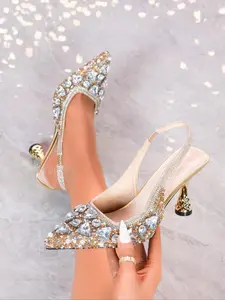 Women's Elegant Rhinestone Decorated Heels, Exquisite Trendy Pointed Toe High Heels, Fashionable Bridal Shoes for Party & Wedding, short stilettos, Footwear