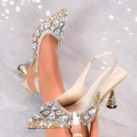 Women's Elegant Rhinestone Decorated Heels, Exquisite Trendy Pointed Toe High Heels, Fashionable Bridal Shoes for Party & Wedding, short stilettos, Footwear, Classy Sandal, Fashionable Sandals, Elegant Evening Footwear, Elegant Stylish Footwear