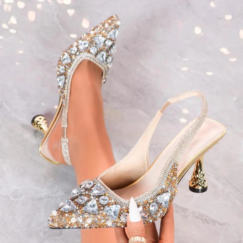 Women's Elegant Rhinestone Decorated Heels, Exquisite Trendy Pointed Toe High Heels, Fashionable Bridal Shoes for Party & Wedding, short stilettos, Footwear, Classy Sandal, Fashionable Sandals, Elegant Evening Footwear, Elegant Stylish Footwear