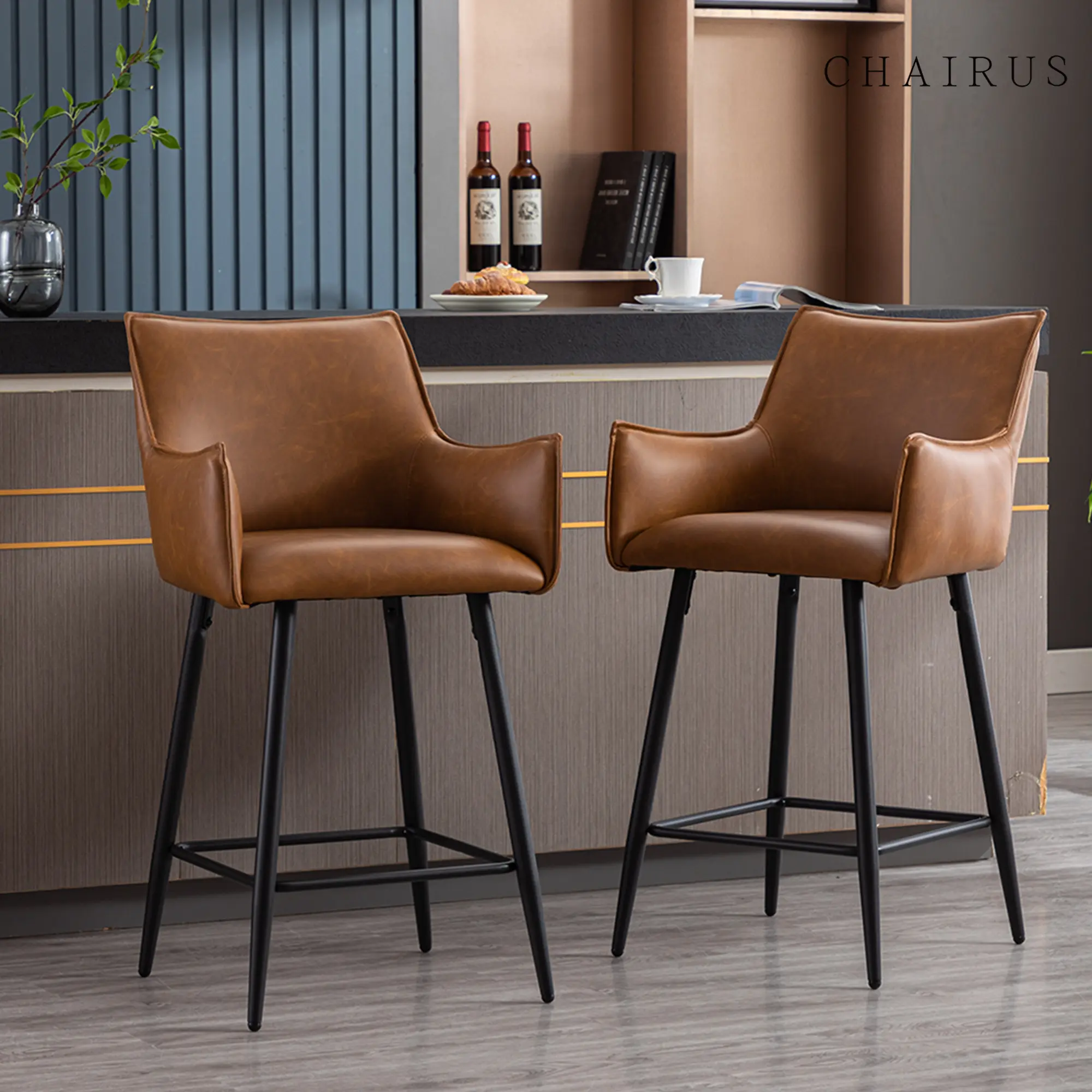 CHAIRUS 26in Waterproof Modern Counter Height Dining Chairs with Armrests (Set of 2) - Faux Leather Upholstered, Foam-Padded, Scuff-Resistant Indoor Counter Stools, Island-Ready Seats for Kitchen, Requires Assembly